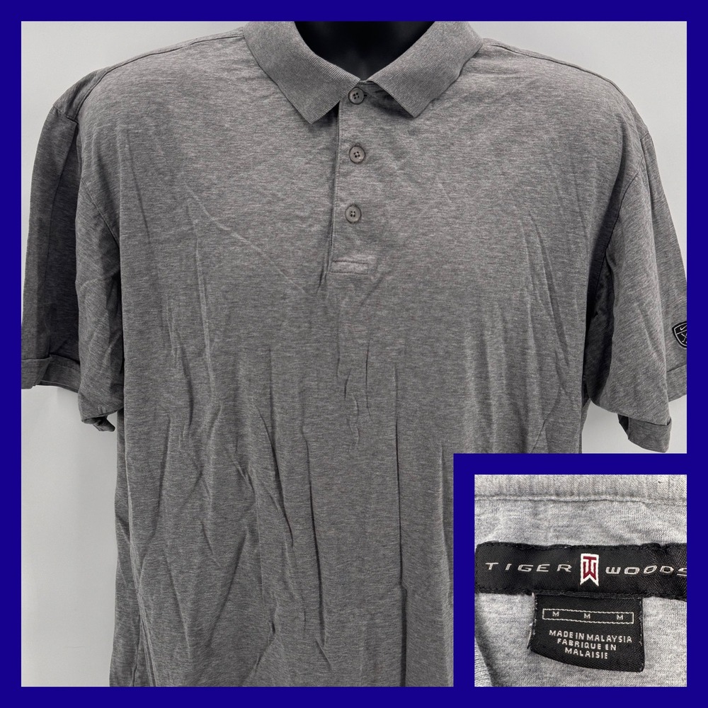 Tiger Woods Polo Shirt Mens M Grey Short Sleeve Cotton Golf Tee Logo
